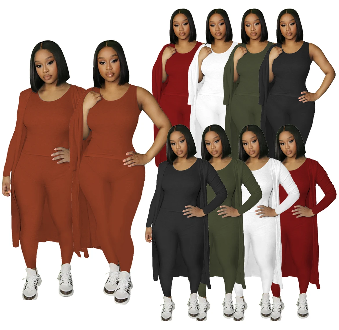 

2021 Fall Women 3 Piece Outfits Tank Crop Long Sleeve Kimono Cardigan Bodycon Tights Pants Matching Sets Tracksuit