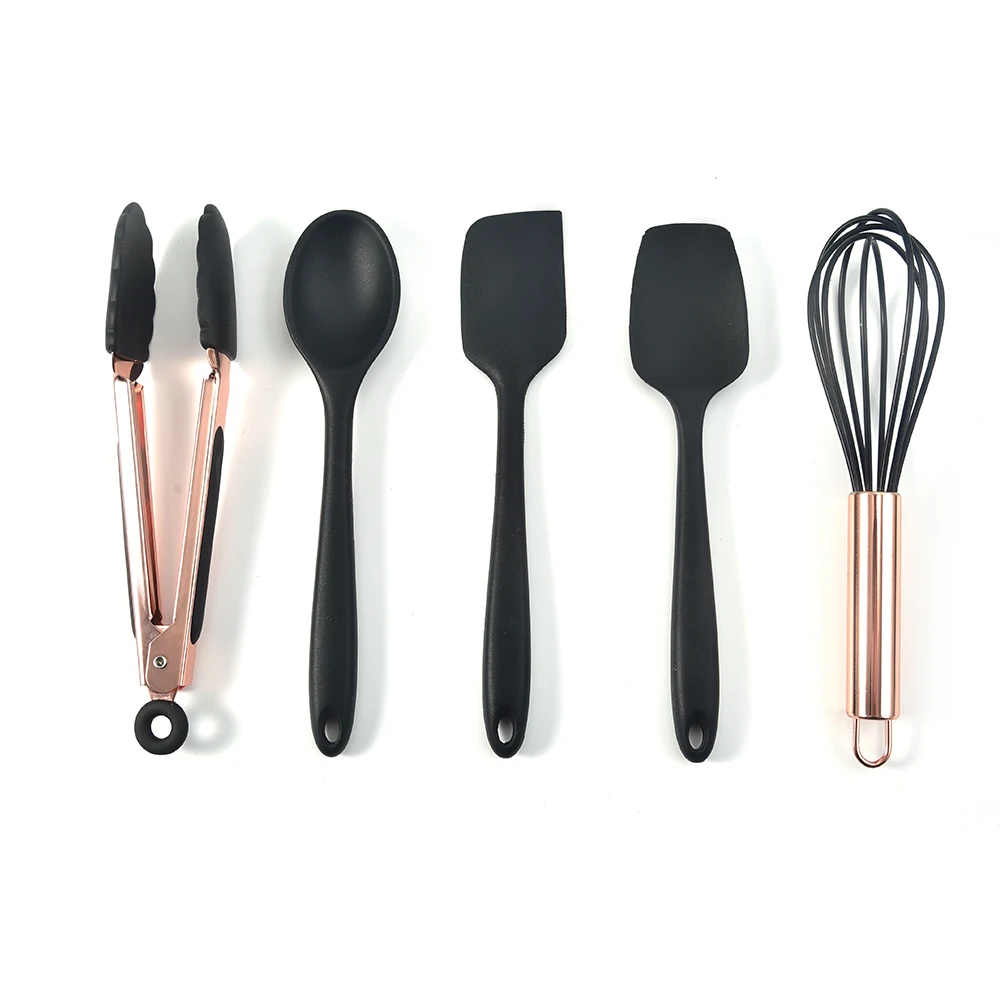 

Wholesale latest kitchen accessories 5pcs silicone mini utensil set with copper plated rose gold finished silicone tongs whisk