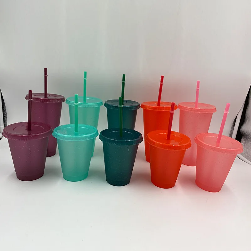 

Cute reusable plastic glitter cold water coffee cups clear glitter tumbler color changing cup with straw 24 16 oz black purple, Pink yellow blue white green