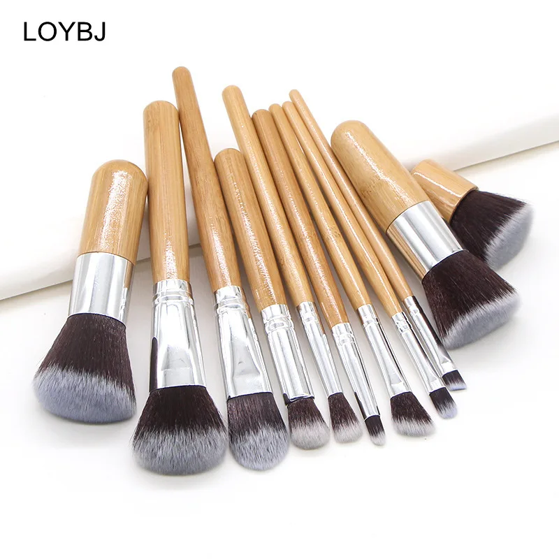 Private Label Bamboo Handle 11-Piece Vegan Makeup Brush Set Concealer Eyeliner Eyebrow Pencil Face Eyeshadow Travel-Friendly
