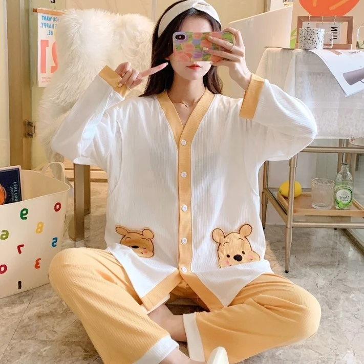 

sfy-y486 Kawaii Womens Pajamas Cartoon Bear Pattern Nighty Wear Girl's Sleepwear Cute Pijamas Set, As picture