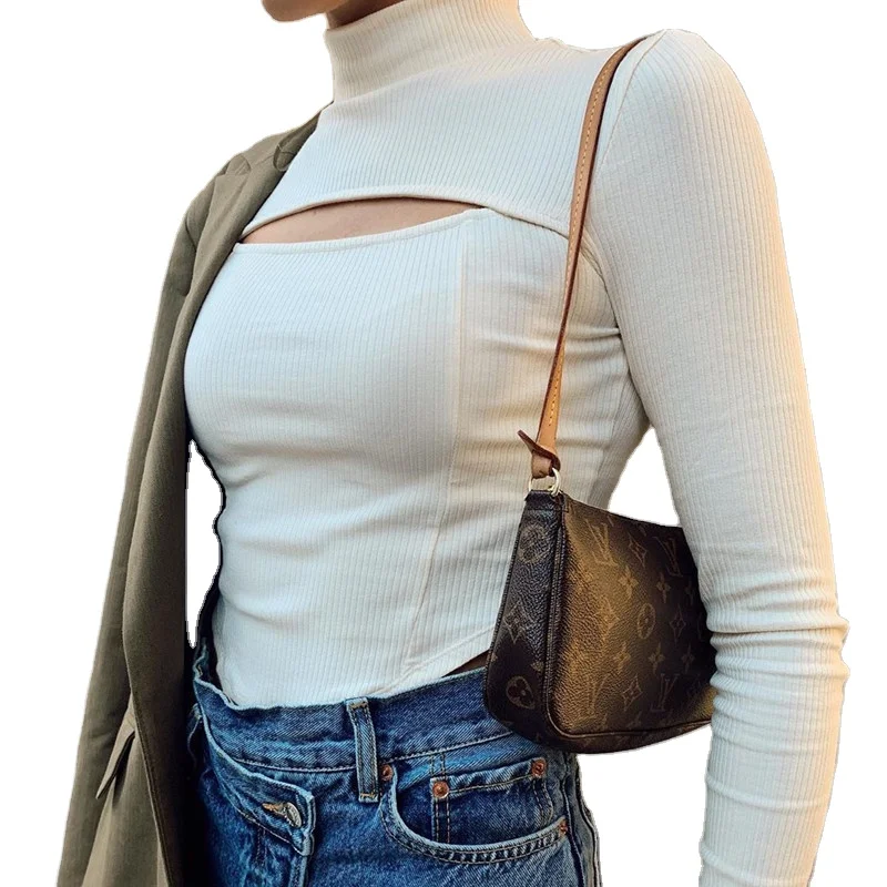 

2021 Winter Irregular Solid Color Hollow High Neck Slim Long Sleeve Sweater Women Casual Pullover, White long sleeve sweater