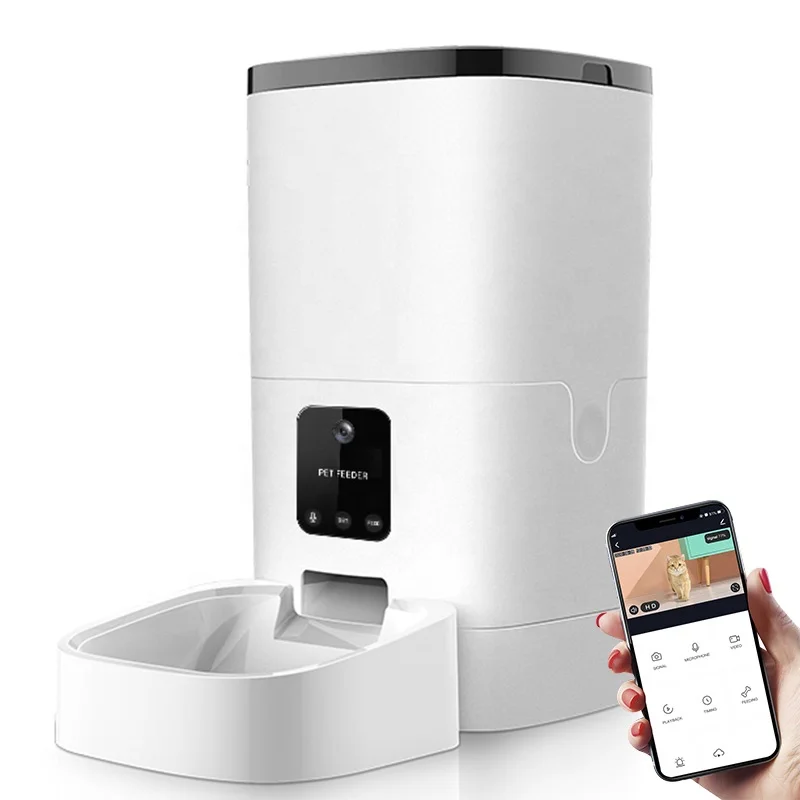 

Wifi App Control Video 4L 6L Timed QuantityScientific Feeding Dual Power Voice Call Automatic Pet Feeder For Cats And Dogs, White
