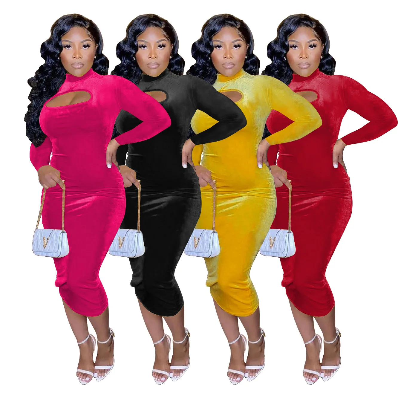 

M8101 High quality velvet bodycon casual dress women long sleeve solid color hollow cut out winter dress for ladies