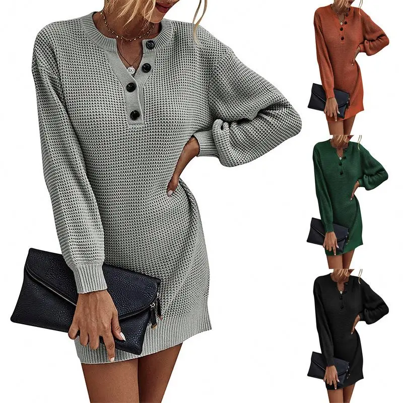 

clothes Factory wholesale casual winter v neck long knitted sweater dress for women