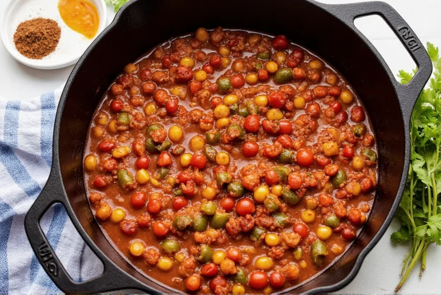 Healthy WW chili recipe in a cast iron pot with fresh vegetables and spices
