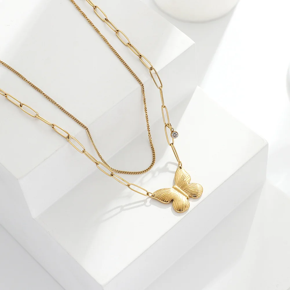 

Gold Plated Multi-layer Stainless Steel Chain Butterfly Charm Necklace