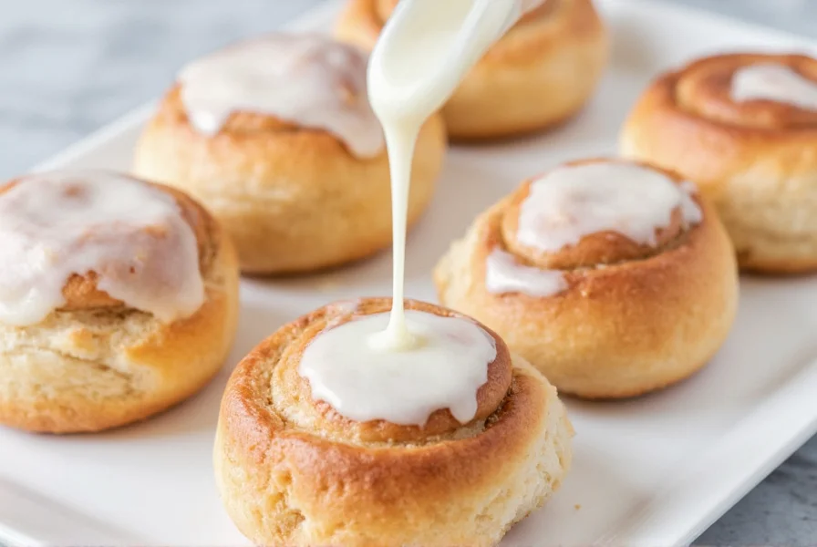 Close-up of creamy white cinnamon bun icing being drizzled over golden brown homemade cinnamon buns with visible cinnamon swirls