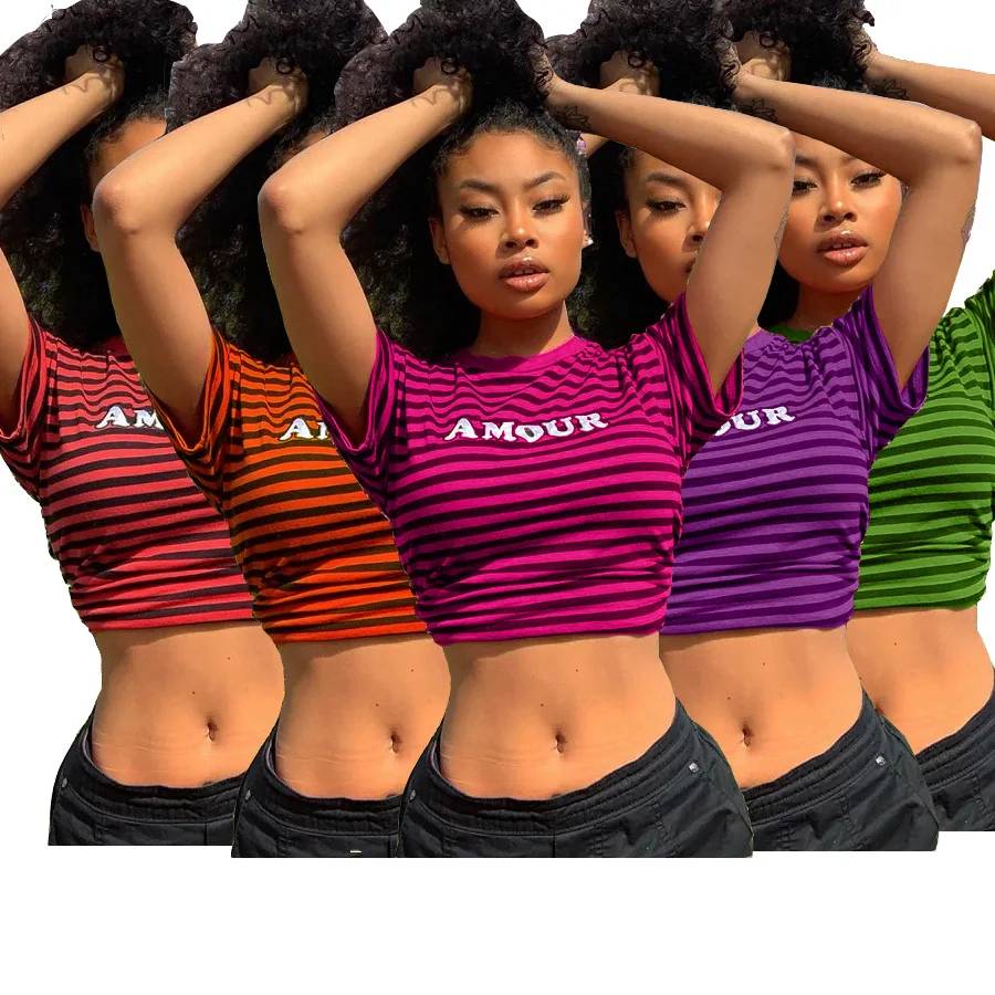 

2021 New arrivals stripe t shirts womens crop top t shirt casual clothes women tshirt active wear