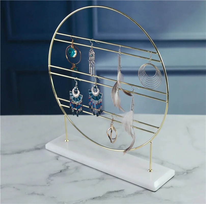 

Earring necklace Display round white Marble makeup Jewelry Display base with gold stainless steel top