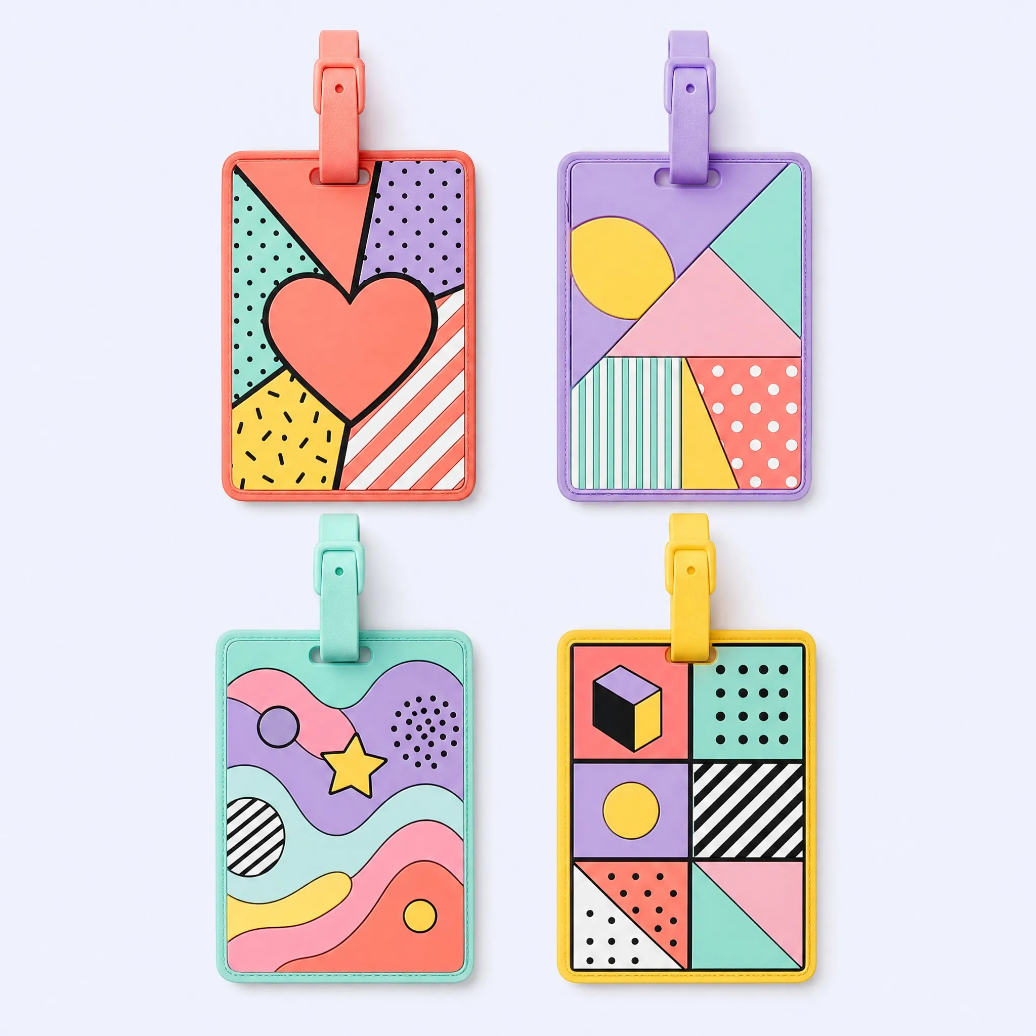 Custom 3D Soft PVC Memphis Geometric Block and Pop Heart Luggage Tag 4-Pack