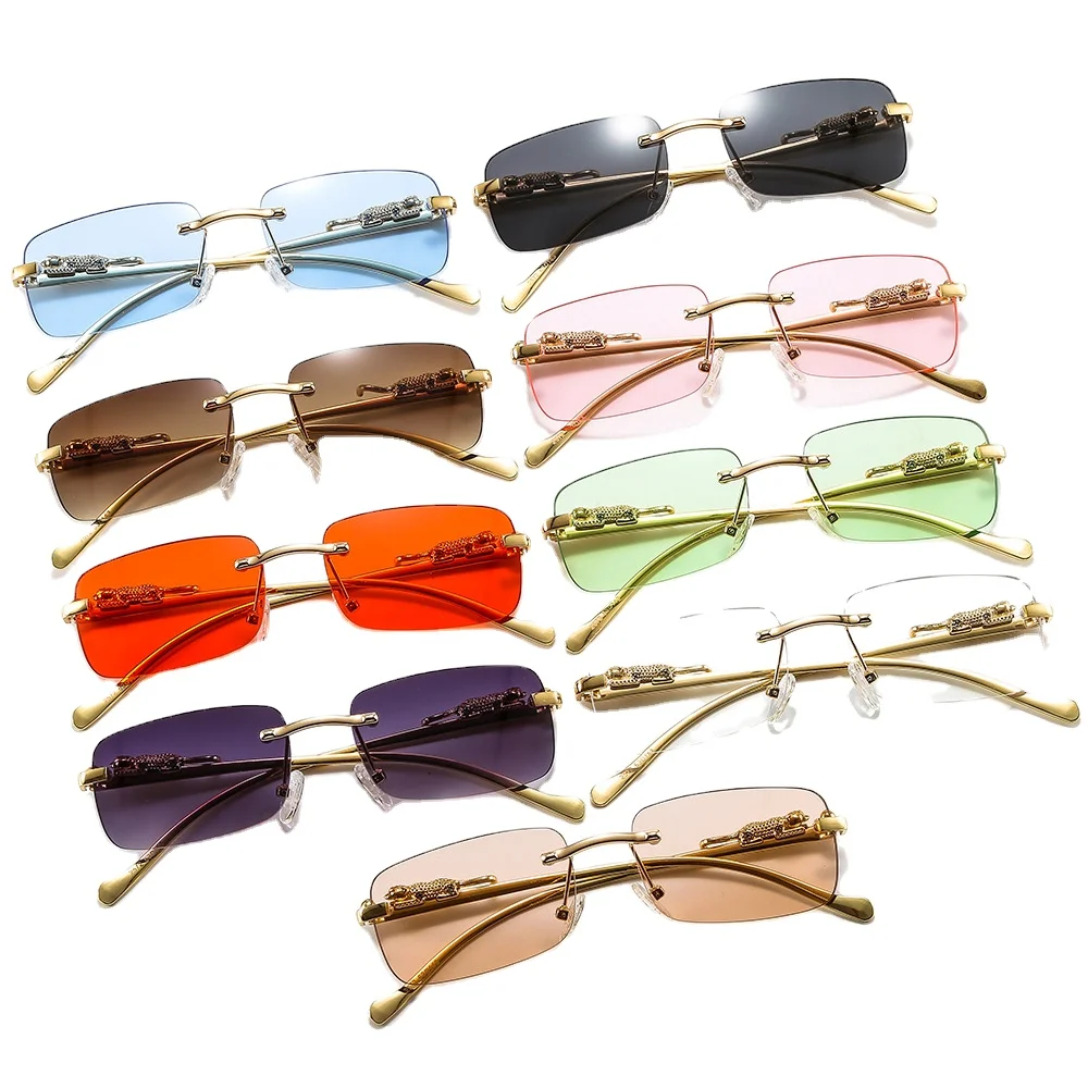 Cheetah Decorative Rimless Square Sunglasses Colorful Men and Women Retro Leopard Head Metal Sunglasses