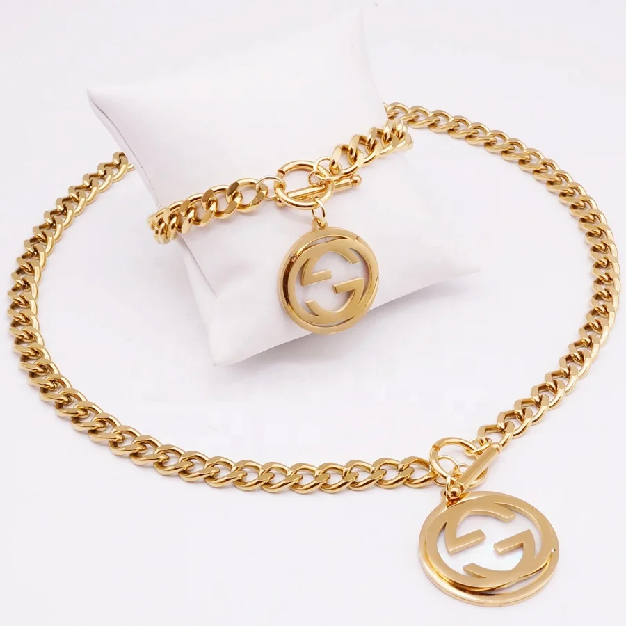 

New Stainless Steel Mother of Sheel Round Pendant Jewelry Set Gift for Mom, Gold