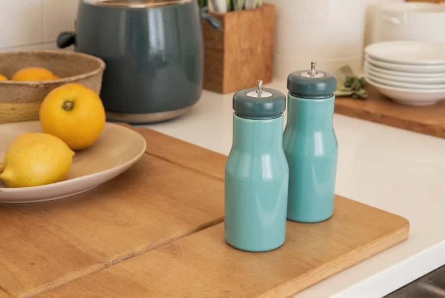 Close-up view of Le Creuset salt and pepper set on wooden kitchen counter showing ceramic construction and ergonomic design
