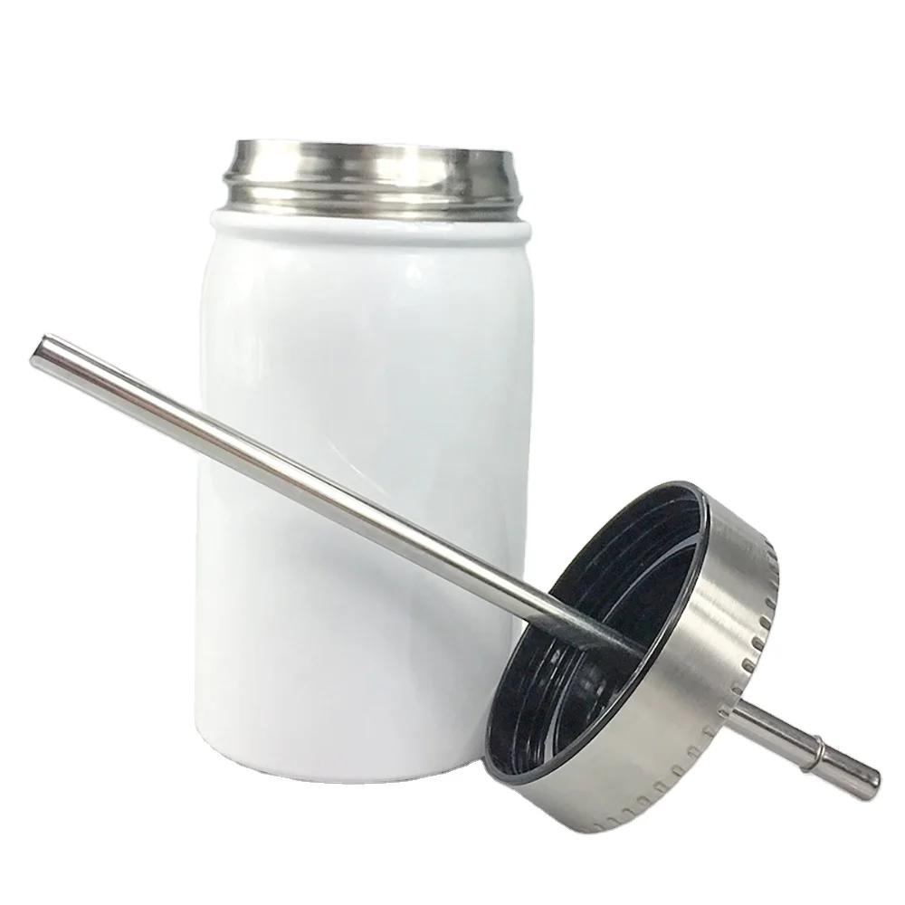 

Double Wall Insulated 500ml Stainless Steel Water Cup Metal Lid and Straw Sublimation Mason Jar Tumbler, White