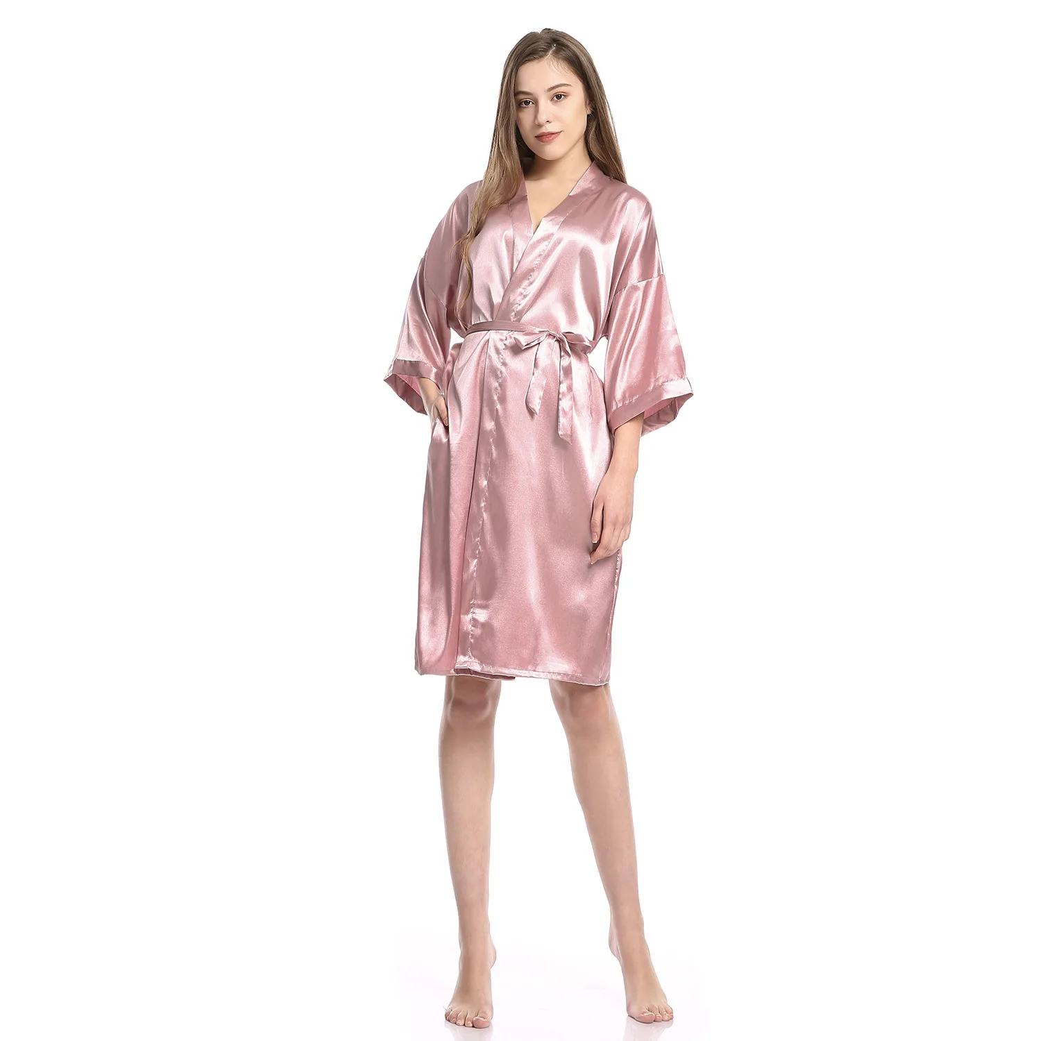 

2021 Hot selling Solid Imitated Silk Bathrobe Bridesmaid Dress Polyester Women's Nightgowns Floral Pajama Women's Sleepwear, As the picture