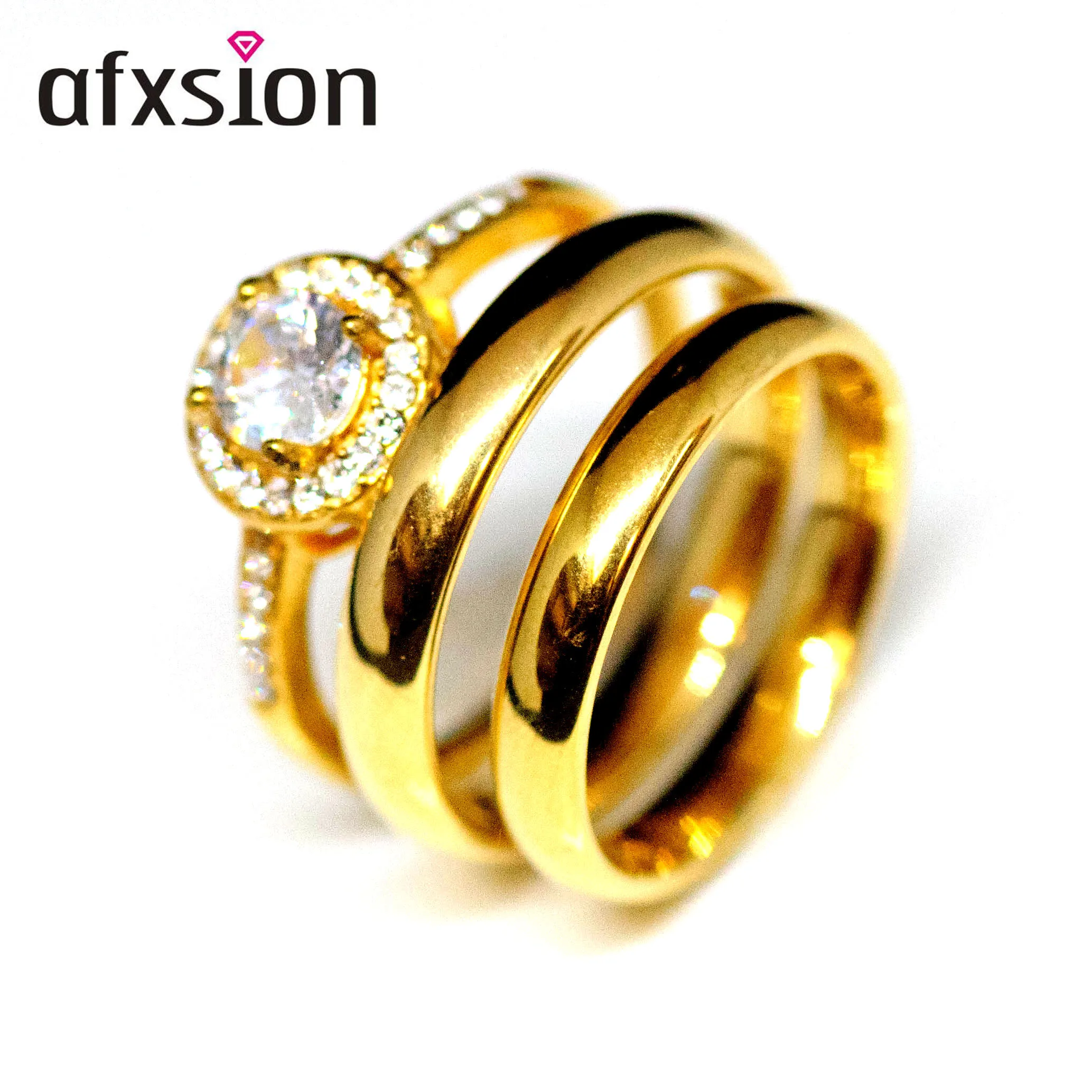 

AFXSION 2020 new Stainless steel jewelry 18k gold couple ring set diamond lover couple ring, Picture