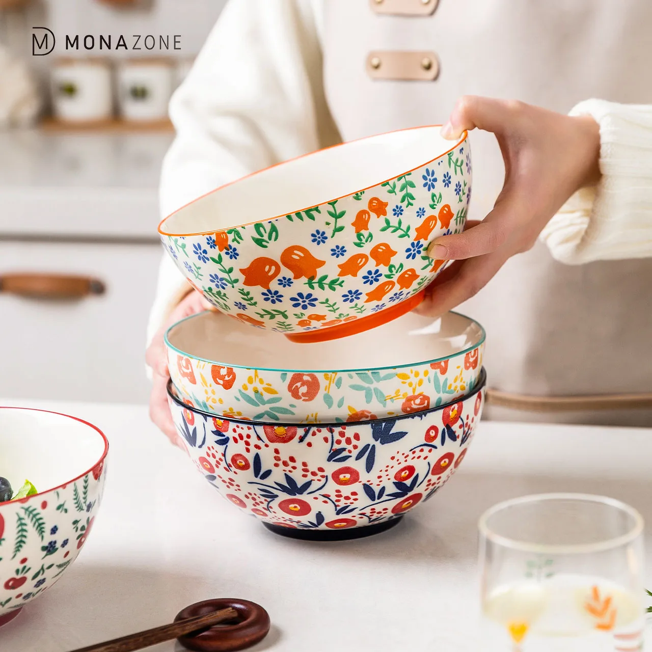 

MONAZONE 7inch Japanese Style Flower Ceramic Soup Bowl Kitchen Tableware Noodle Bowl