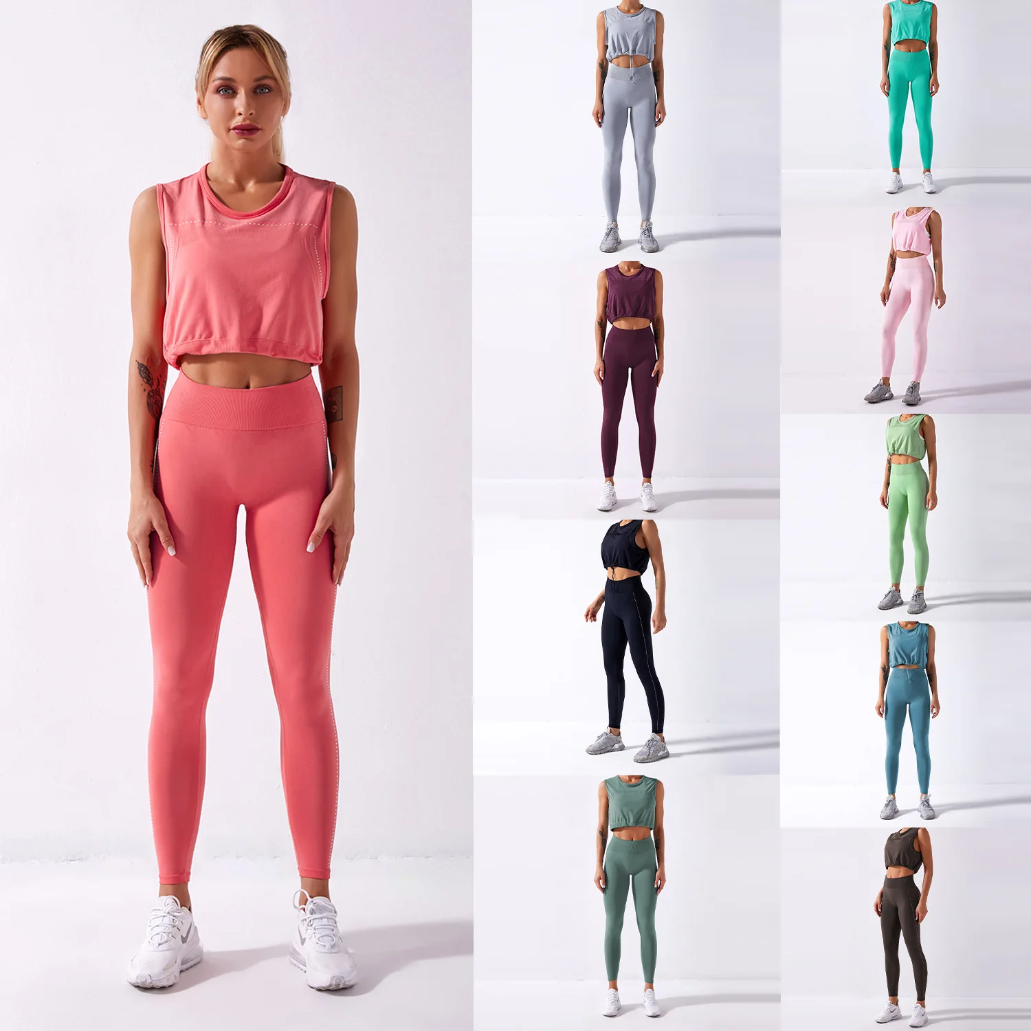 

New customizable Fitness & Yoga Wear Draw string top fashion sportswear High quality pure color leggings for women