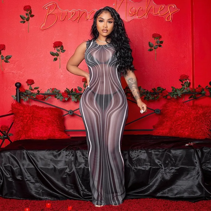 

J&H Fashion new arrival Summer sexy round neck mesh print dress slim sleeveless one-step maxi dress, 3 colors as picture