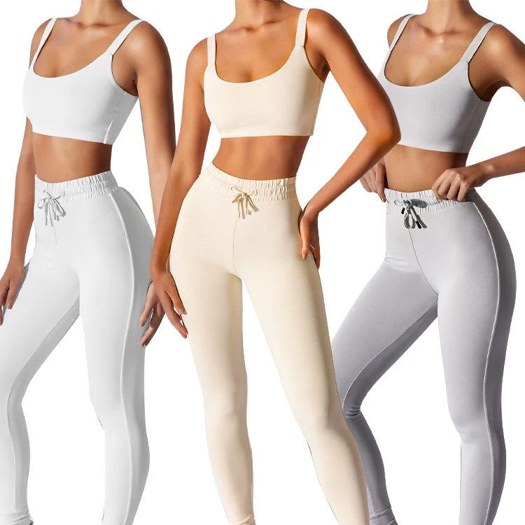 

Solid Color Elastic Strap Two Piece Set Women Clothing Summer 2 Piece Set Women Pant Two Piece Sport Set, White/gray/ivory