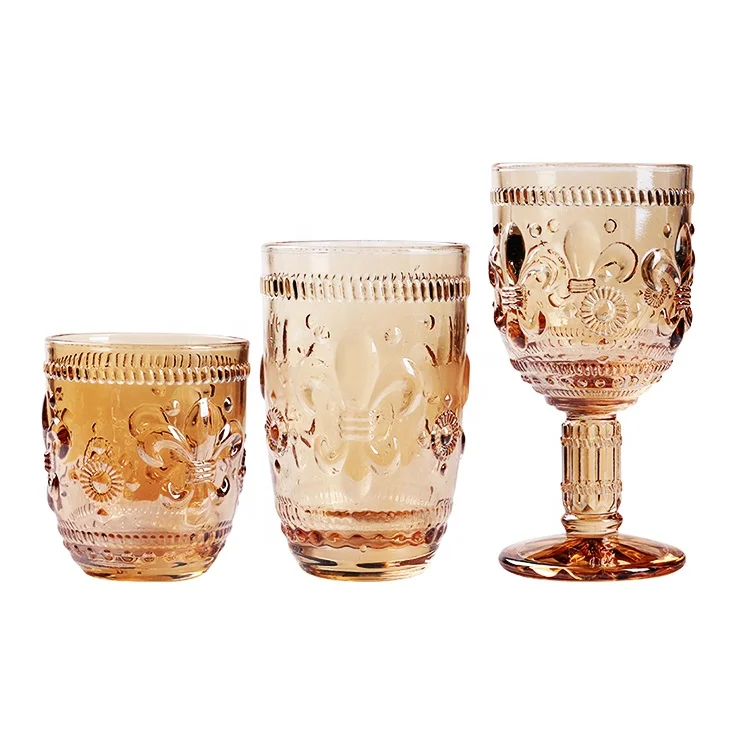 

Telsen Amber Lily Vintage Elegant Europe Machine Pressed Water Glass Embossed Goblet Wine Glass Set For Wedding