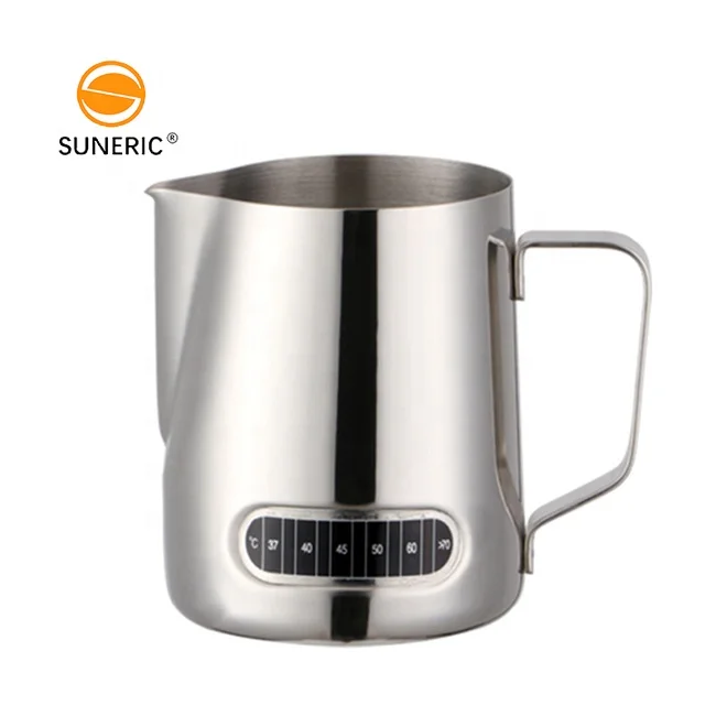 

Custom stainless steel espresso coffee latte milk frothing pitcher jug temperature display color milk pitcher, Silver