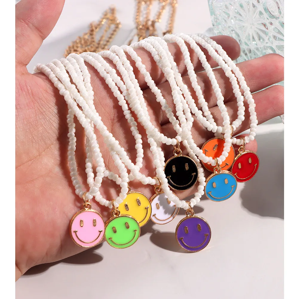 

Trendy Lovely Handmade Rice Beads Choker Jewelry Smiley Face Necklace For Women Y2k Smiling Enamel Charm Necklaces, Mixed color