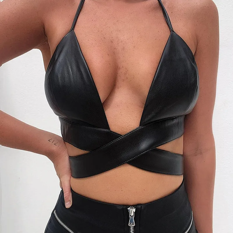 

womens tank black braless crop tops Sleeveless brown tube top tie up top plain women leather camisole