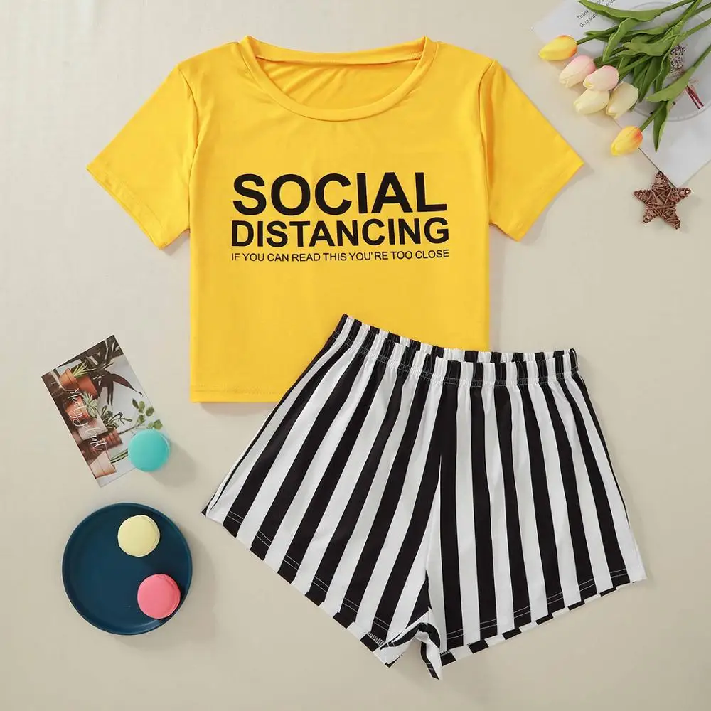 

coldker Crop Top Shorts 2 Pieces Set Cotton Pajamas Loose Elastic Waist pyjamas