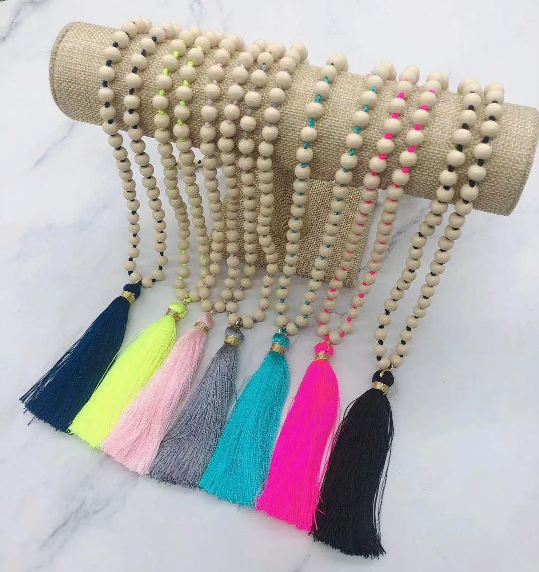 

Wooden beads knotted long tassel necklace, Do color as your request