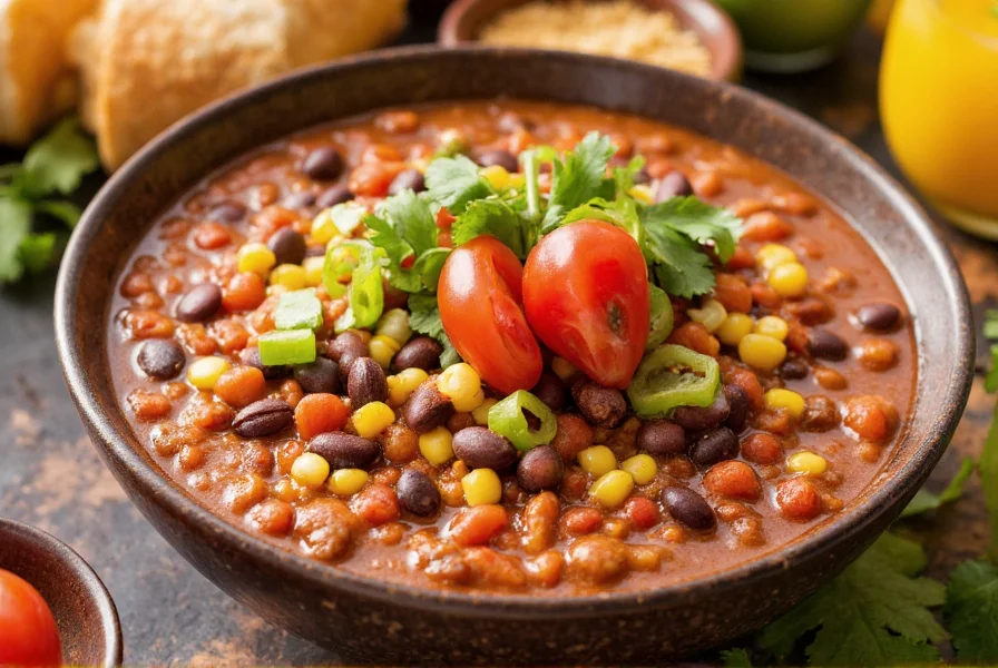 Colorful bowl of vegetarian chili with corn, black beans, and fresh toppings