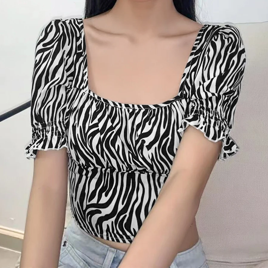 

Nibber K21L00150 Women Casual T shirt Zebra Striped Printed Square Collar Puff Sleeve Female Street Top Factory Wholesale Custom