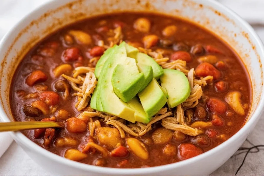 Smoky chipotle chicken chili with shredded chicken, vibrant red color, and avocado slices on top