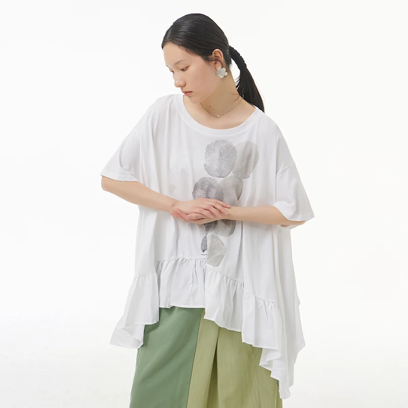 

Trendy two-tone overlapping circular print Ruffles Elegant Casual Blouse Wholesale Plus Size Women's Short Sleeve T-Shirt 65385