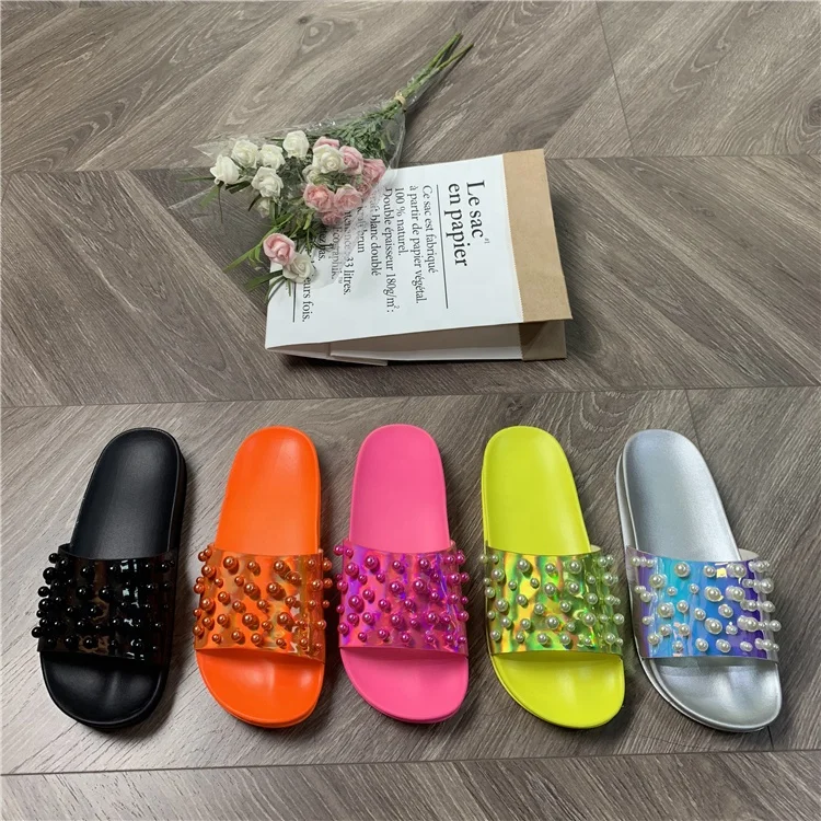 

Wholesale Summer Beach Shoes Women's Sandals Rainbow Ladies Flat Slippers For Ladies, Customized color