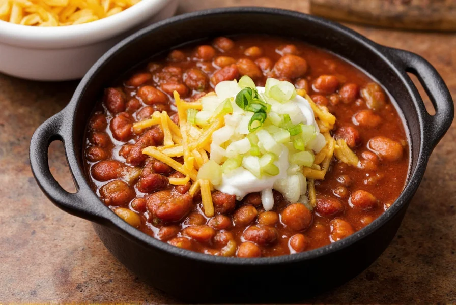 Authentic Tex-Mex chili in cast iron pot with toppings including shredded cheese, sour cream, and chopped onions