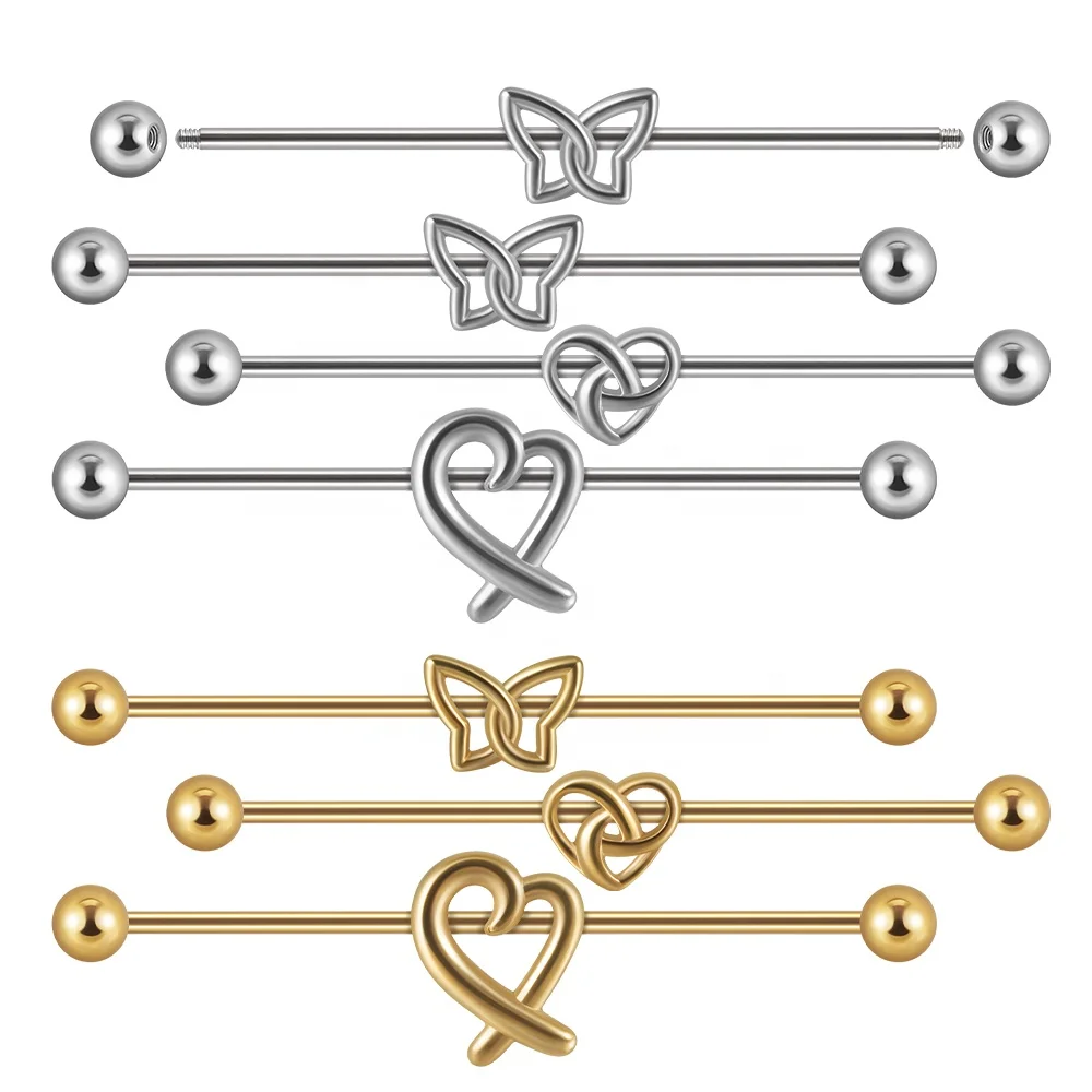 

Surgical Steel Silver/Gold Choosable Butterfly Heart Industrial Barbell Ring Ear Straight Barbell Ring Body Piercing Jewelry