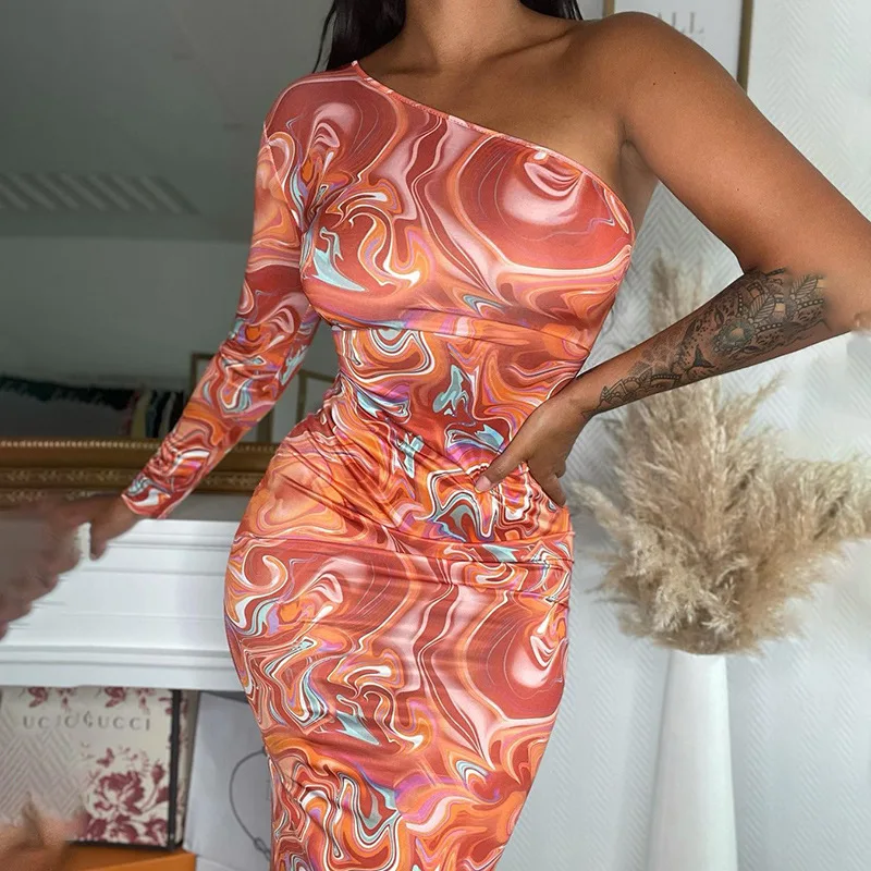 

One Shoulder Printed Color Women's Sheath Mini Dress Clubwear Autumn Casual Dress 2021 Cheap wholesale Bridal Wedding, 5colors