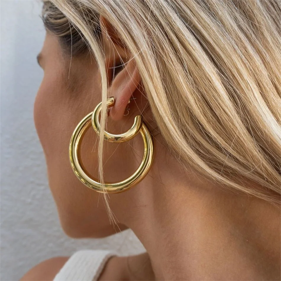 EManco Trendy 16/20/25/30/40/50MM Stainless Steel C Huggie Hoop Earrings Round 18K Gold Plated Earring Women Jewelry Wholesale