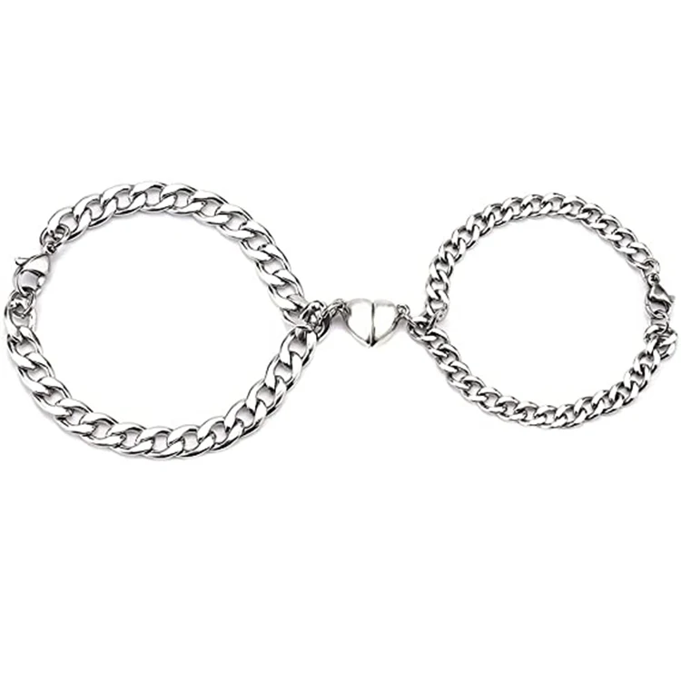 

Amazon Hot 2pcs Stainless steel Cuban Chain Heart Couple Magnetic Bracelets Set for Boyfriend Girlfriend Gift