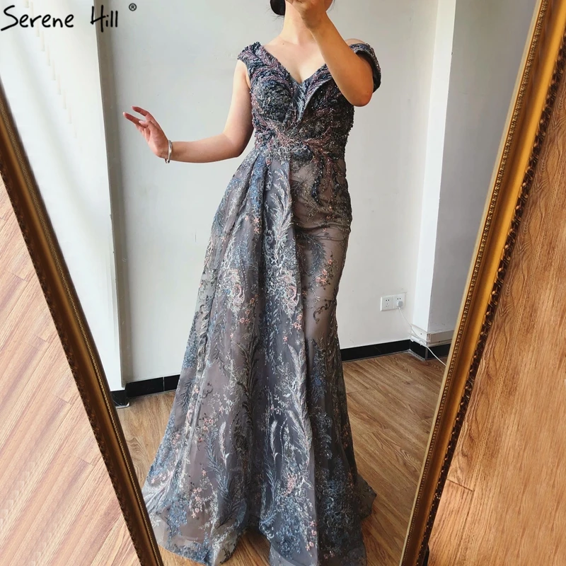 

Sexy Grey V Neck Sleeveless Mermaid Celebration Evening Dresses 2021 Serene Hill LA70557 Beaded Long Party Gown For Women