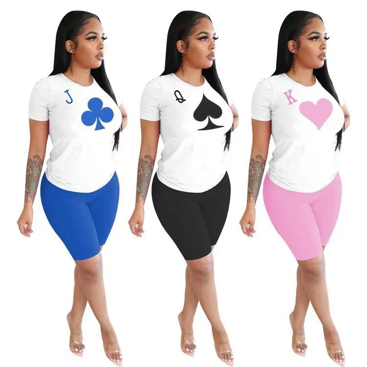 

Summer Wholesale Poker Printing Women Outfits Jogger 2 Piece Shorts Set