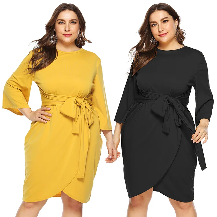 

Office wear women solid color round neck wrap plus size dress, Black/yellow