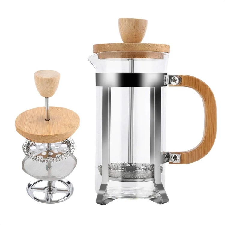 

OEM French Press Coffee Tea Maker by Pour 304 Heat Resistant Stainless Steel Filter Thick Borosilicate Glass Bamboo Coffee Press