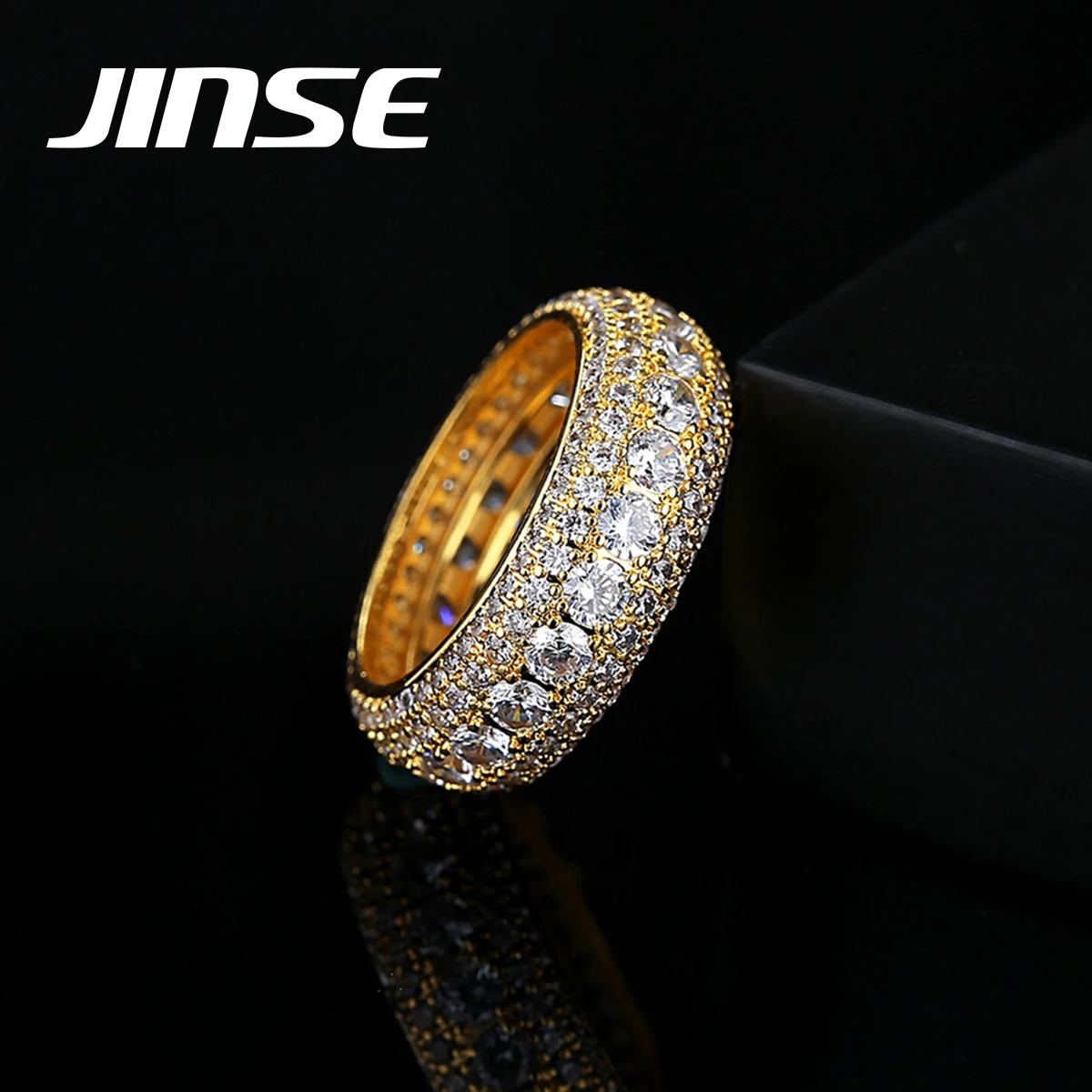 

JINSE Luxury Gold Plated Cubzic Zirconia Brass Ring Jewelry Men Designer Hip Hop Ring Sports Ring