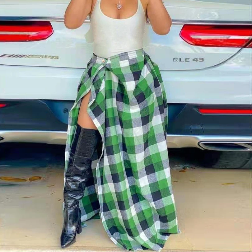 

Chic Outfit Wear One Button Spring Summer Trendy Plaid Skirt For Women Long Skirts 2021, Green