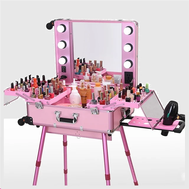 

Fashoion Aluminum frame Professional Rolling Studio Makeup Artist Cosmetic Case Beauty Trolley suitcase LED Light Mirror Box, Pink/black