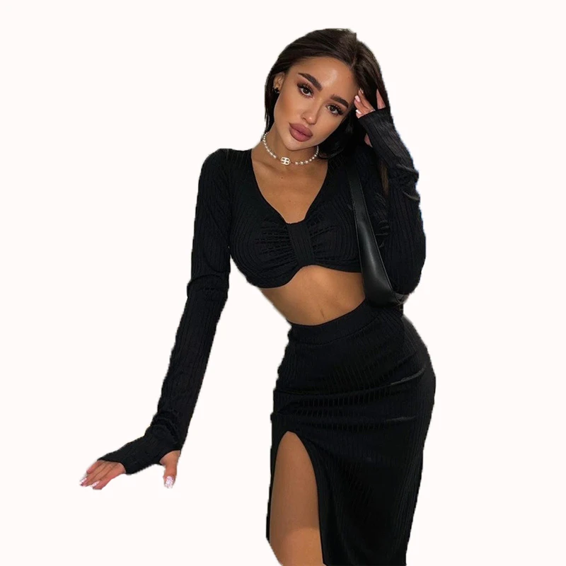 

10909-MX56 crop top vneck bodycon split black two piece set sexy dress women sehe fashion