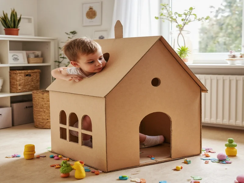 Child playing in cardboard playhouse indoors